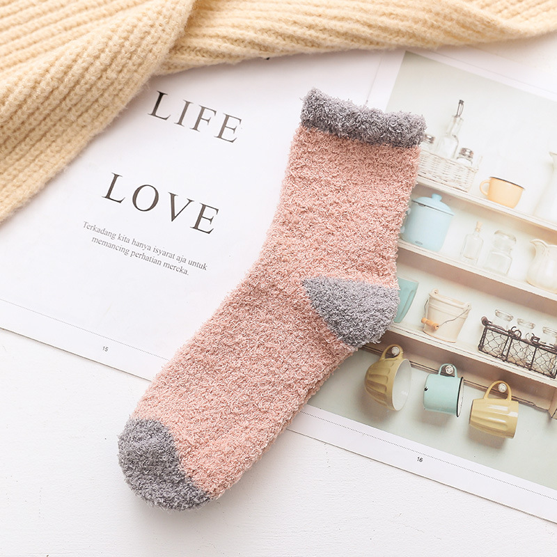 Thick Warm Coral Fleece Home Sleeping Socks Female Retro Crew Socks White Mosaic Floor Socks Fluffy Fuzzy Socks